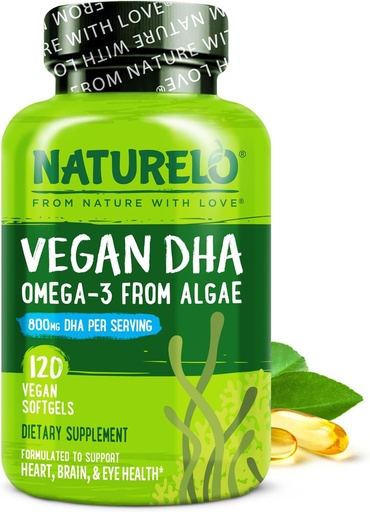 [BRSWGBL7BMFAO3LB] NATURELO Vegan DHA - Omega 3 Omega az algából - Supplement for Brain, Heart, Joint, Eye Health - Provides Essential Fatty Acids for Women and Kids - Completments Prenatal Vitamins - 120 Softgels