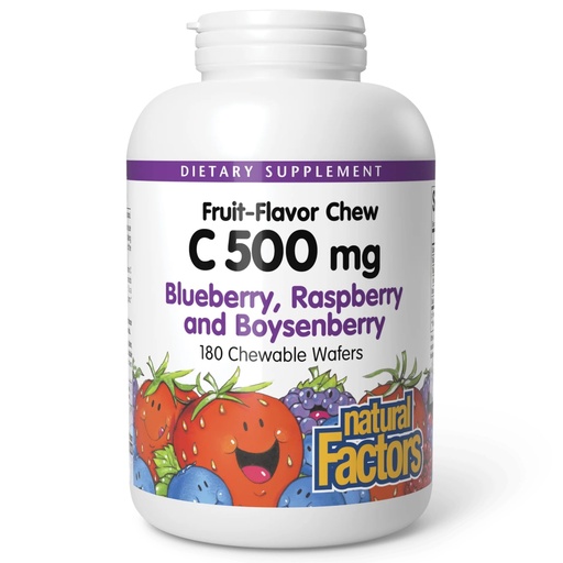 [BRSWIBQNAUAQGGDU] Natural Factors Kids Chewable Vitamin C 500 mg, Supports Immune Health, Bones, Teeth and Gums, Blueberry, Raspberry and Boysenberry, 180 Wafers