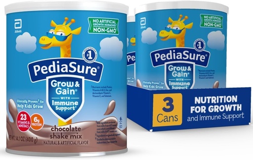 [BRSWGEADBF6GCEYY] PediaSure Grow & Gain with Immune Support Shake Mix Powder, 23 Vitamins & Minerals, 6g Protein, Non-GMO, Gluten-Free, Chocolate, 14.1 oz Can, Pack of 3-24 servings