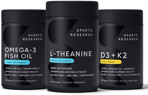 [BRSRAYY7CQPQACI6] Sports Research Double Strength L-Theanine (Suntheanine) Supplement 200mg 60 Softgels, Triple Strength Omega 3 Fish Oil 1250mg (90 Count) and Vegan Vitamin D3 (5000 IU) + K2 (100mcg Mk7) 60 Softgels