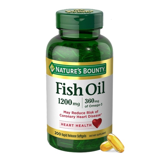 [BRSWIYQHCMIA22IZ] Nature's Bounty Fish Oil Omega 3 Supplements - Supports Heart Health, 1200 Mg Fish Oil, Omega-3, 200 Softgels (Pack of 1)
