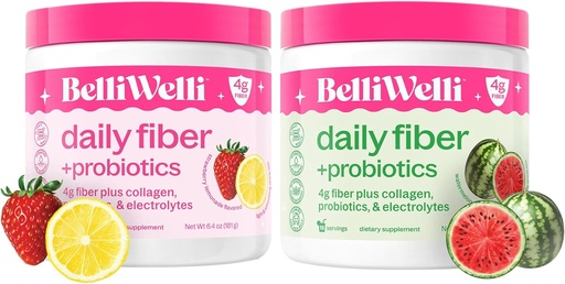 [BRSRAAQ6CR6QI3LO] Belli Welli Daily Fiber Supplement Bundle - Strawberry Lemonade & Watermelon - Collagen, Probiotics & Electrolytes for Balanced Wellness - Refreshing Flavors, 32 Servings Total