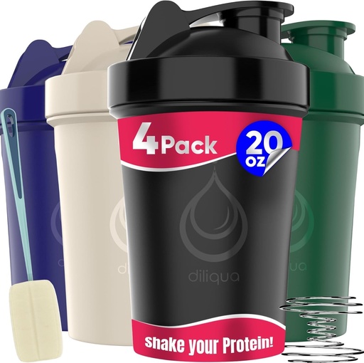 [BRSRMGQNA56AYG34] 4 PACK, 20 oz Shaker Bottles with Wire Whisks for Protein Mixes | Leakproof Blender Shaker Bottle Pack | BPA-Free & Dishwasher Safe | Shaker bottle | Shaker Cups for shakes Bottle Pack