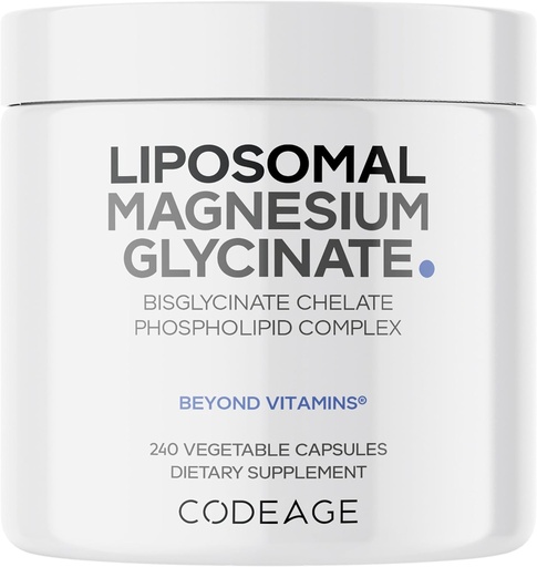 [BRSRMZAFPMNQA3LL] Codeage Lipomal Magnesium Glycinate Suplement, 2-Month Supply, Bisglycinate Magnesium Chelle, Magnesium Mineral Pills, BioPerine Black Pepper Visuains Capsules, Nor-GMO Vegan, 240 ct