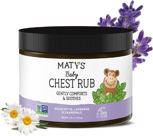 [BRSRMBQ3BUPRGGTX] Matys Baby Chest Rub, Soothing Congestion Relief Vapor Rub pro děti 3 měsíce staré +, Clean & Comforting Eucalyptus, Lavender, & Heřmánek pro spánek, non-GMO, Petroleum Free, Menthol Free, 4.5 oz Tub
