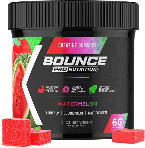 [BRSRABQDC4BRG3IZ] Bounce Pro Creatine Monohydrate Gummies for Men & Women, Low Calorie, 6G of Creatine per Serving, Vegan, Anti-Melting, Gluten-Free, Non-GMO, 2g of Creatine per Gummy (72ct, Watermelon)