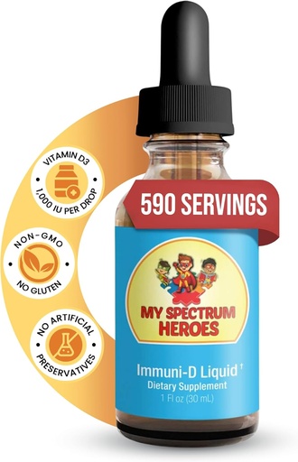 [BRSWYEL3OQNRAEIV] My Spectrum Heroes - Immuni-D Liquid Vitamin D3 Supplement, 1000 IU per Serving, Gluten-free, bez chuti vitamínové kvapaliny, Aids in Mineral Absorption for Kids & Adult - 1 FI oz (30 ml)