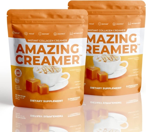 [BRSRMBD5AEPGOCTH] Superfoods Company Amazing Creamer with Collagen - Keto Creamer-Hyaluronic Acid & MCT Oil - Brain Boost & Curbs Cravings - Supports Healthy Skin & Hair - Diet-Friendly [60 Servings] [Salted Caramel]