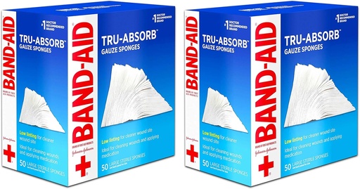 [BRSWKGYIBJYQGCTM] Band Aid Brand First Aid Products Tru-Absorb Sterile Gauze Sponges for Cleaning and Cushioning Wounds, Low-Lint Design, 4 inches by 4 inches, 50 Count (Pack of 2)