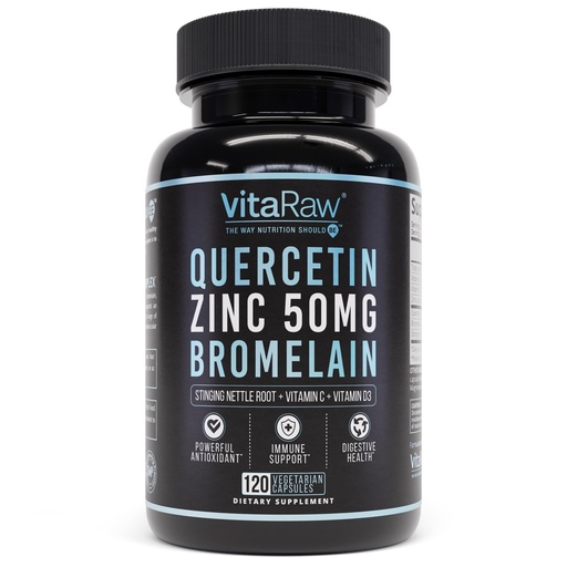 [BRSWYAQQBEDQ2HI3] VitaRaw Quercetin with Bromelain 500mg Capsules, Supports Immune Response, Joint Comfort, & Overall Wellness - Vitamin C, Zinc 50mg, & Vitamin D3 5000 IU - Immunity Health Pills