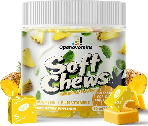 [BRSRAGL5OENA4YDL] Kẹo cao su bằng sắt với vitamin C dành cho phụ nữ và trẻ em, ăn chay tự nhiên với kẹo cao su B6, B12, D, hỗ trợ Calcium & Zccccc - năng lượng, 60 Pineapple SoftChews, 2 tháng.