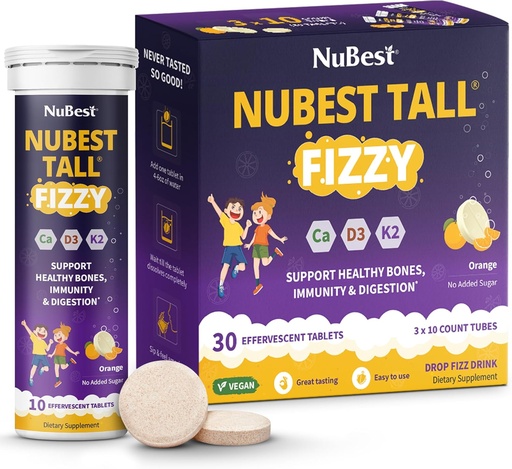 [BRSROBIQCBYBM3DH] NuBest Tall Fizzy - Bone Strength, Immunity, Digestive Health for Kids Age 4+ & Teens | Probiotic, Calcium, Magnesium from Red Marine Algae, Vitamins | 30 Orange Effervescent Tablets | Pack 3