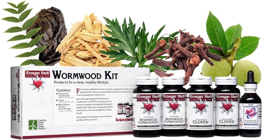 [BRSWIZQPC56WCFL2] Kroeger Herb Products, Wormwood Herb Supplement Kit, Black Walnut, Clove, Quassia, Worm Wood Detox Cleanse - Kapsułki, Non-GMO, Gluten Free, Bez środków konserwujących lub Fillery, Made in USA