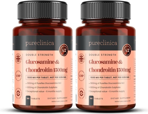 [BRSWIFI4AYAA4HD6] pureclinica 1500mg Glucosamine HLC and Chondroitin x 360 Tablets (2 Bottles of 180) - 12 Months Supply. The Most Effective and bio Active: Chondroitin 90%, Glucosamine HCL 83.1%