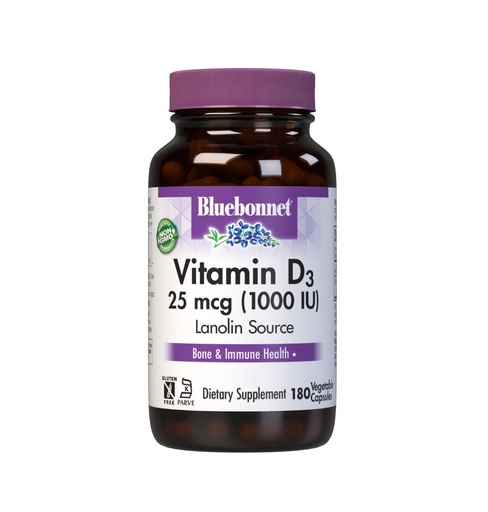 [BRSWIYQ6AINBO3T4] Bluebonnet Vitamin D3 1000 IU 25 mcg - Strong Bones & Immune Support Supplement for Women & Men* Soy-Free, Gluten-Free, Non-GMO, Vegetarian - Highly Absorbable Vitamin D - 180 Veggie Capsules