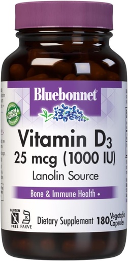 [BRSWIYQ6AINBO3T4] Bluebonnet Vitamina D3 1000 IU 25 mcg - Forte Bones & Supporto Immune Supplemento per le donne e gli uomini* Soia-Free, Gluten-Free, Non OGM, Vegetariano - Vitamina altamente assorbibile D - 180 capsule vegetali