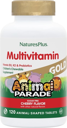 [BRSWYBLQC4DR6H37] NaturesPlus Animal Parade Gold Children's Chewable Multivitamin - Natural Cherry Flavor - 120 Animal Shaped-Tablets, Pack of 2 - with Vitamin D3, K2 & Probiotics - 120 Total Servings