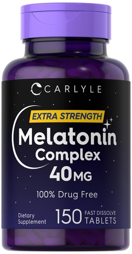 [BRSROZQOOECA22DB] Carlyle Melatonin 40mg Complex | 150 Fast Dissolve Tablets | Extra Strength Support | with Ashwagandha and Chamomile | Vegetarian, Non-GMO, Gluten Free Supplement