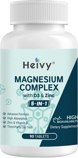 [BRSRAYY7CAMQYDLB] Magnesium Complex 3 Pack, Magnesium Glycinat, Citrat, Malat, Oxid, Gluconat mit Zink und Vitamin D3, Magnesiumergänzung für Muskel, Nerven, Herz, Knochenunterstützung, hohe Absorption, 270 Tabletten