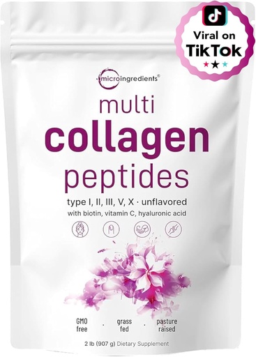 [BRSWKEABAV5BWFD2] Micro Ingredientes Péptidos multi colágeno Polvo, 2lb TENIDO Tipo I, II, III, V, X + Biotina, Vitamina C & ácido hialurónico TENIDO Desarrollado TENIDO Apoyo Pelo, Esquía &amp; Salud Conjunta TENIDO Keto, No GMO