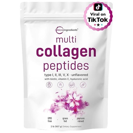 [BRSWKEABAV5BWFD2] Micro Ingredients Multi Collagen Peptides Powder, 2lb – Hydrolyzed Type I,II,III,V,X with Biotin, Hyaluronic Acid, Vitamin C – Unflavored Collagen for Women & Men, Easy Dissolve, 82 Servings