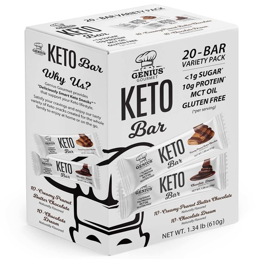 [BRSW2EAHPIMR4FY2] Barre de protéines kéto sans gluten Genius Gourmet, barres kéto au chocolat, MCT premium, faible teneur en glucides, faible teneur en sucre (paquet de 20 nombres (paquet de 1))