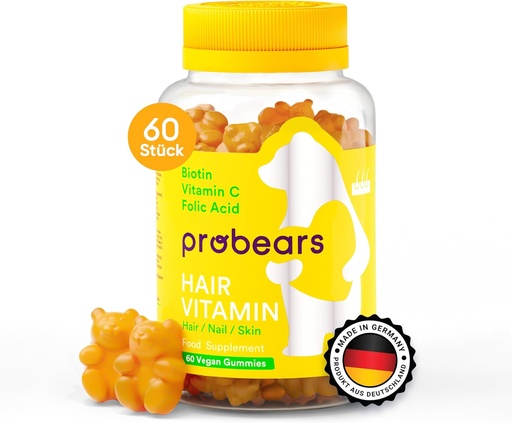 [BRSRMFA6C56WA3T3] Probears® Biotin (B7) Вегетариански Гуми за растеж на косата Витамини - 10.000 mcg, Есенни Витамини A, B5, B6, B12, C, D2, E за предотвратяване на загуба на коса - Gluten-Free, Желатин-Free, Halal - 60 броя