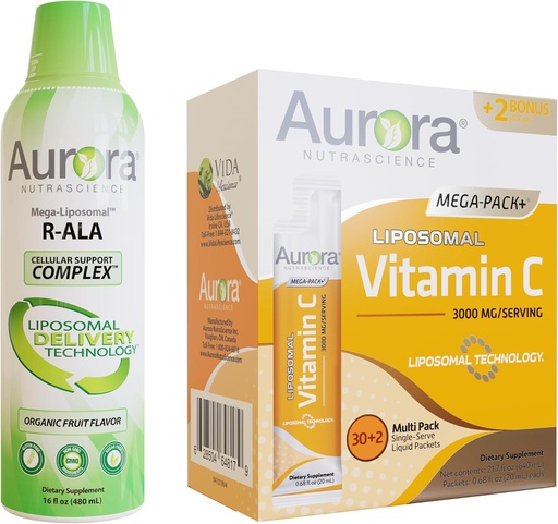 [BRSRAHAHCAORSYLP] Aurora Nutrascience Mega-Liposomal R-ALA with CoQ10 & L-Carnitine Complex & Mega Liposomal Vitamin C, 3,000 mg Bundle