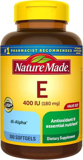 [BRSWIYTZPMAGYF3D] Naturlaget vitamin E 180 mg (400 IE) dl-alfa, kosttilskudd for antioksidant støtte, 300 Softgels, 300 dagers forsyning