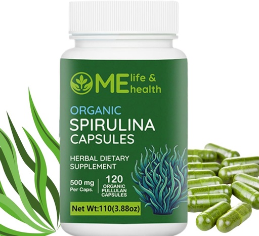 [BRSRAGI7PJ4BGA3A] ME LIFE & HEALTH Spirulina Capsules, 100% Organic spirulina Powder (120 ct) 500mg Rich in Protein, vitamind A, B12 Antioxidants & Vitamins, Vegan, Natural and Pure spirulina Non-GMO & Gluten Free