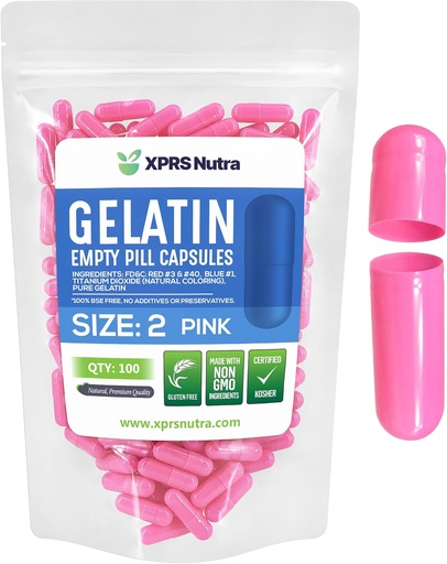 [BRSWYAQZCQBWCFDD] XPRS Nutra Size 2 Empty Capsules - 100 Count Empty Gelatin Capsules - Pills DIY Capsule Filling - Pure Bovine Pill Gel Caps for Do-It-Yourself Supplements (Pink)