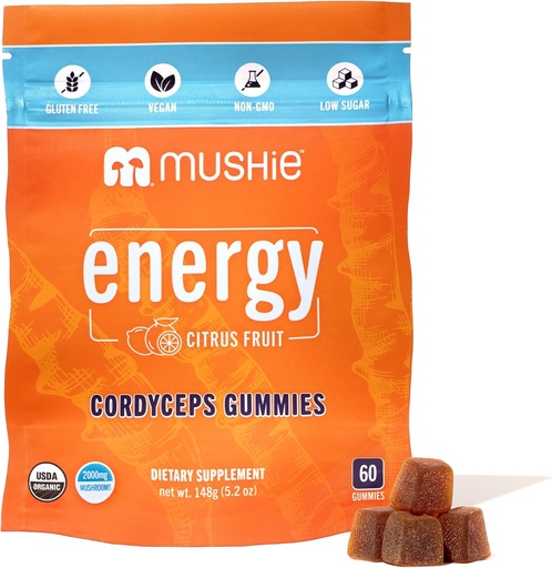 [BRSRA2YQC4IAY2TU] Mushie 100% Organic Cordyceps Mushroom Gummies - 2000mg Cordyceps Militaris Nootropic for Energy & Immune Support with Vitamin D - Vegan, Gluten-Free - 60 Count