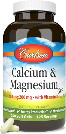 [BRSWIYYFAV5G2E3O] Carlson - Calcium & Magnesium Gels, 2:1 Calcium to Magnesium Ratio, 200 mg Calcium Supplement, 100 mg Magnesium Supplement, Bone Support, Energy Production, 250 Softgels