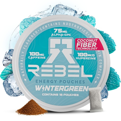 [BRSRAHT2ARYR6CLO] Rebel Nootropic Energy Caffeine Pouches (Wintergreen) • 100mg Caffeine • Alpha GPC • Huperzine A & Essential Vitamins • Sugar-Free • Coconut Fiber Technology • 15 Pouches Per Can (Pack of 1)