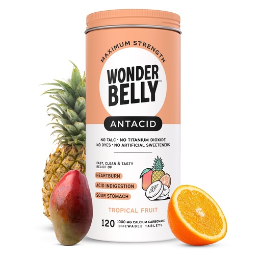 [BRSRAEL7O4BGOHTU] Wonderbelly Antacid, Effective Heartburn and Instant Acid Indigestion Relief, Extra Strength Chewable Tablets, 1000 mg Calcium Carbonate, No Talc or Dye, Tropical Fruit, 120 Count