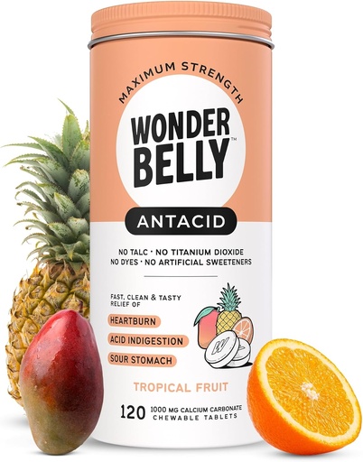 [BRSRAEL7O4BGOHTU] Wonderbelly Antacid, Effective Heartburn and Instant Acid Indigestion Relief, Extra Strength Chewable Tablets, 1000 mg Calcium Carbonate, No Talc or Dye, Tropical Fruit, 120 Count