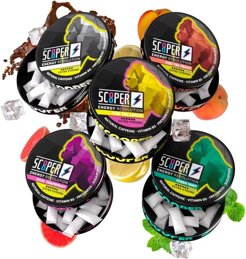[BRSRO2Y5BZYGCF3Z] Scooper Energy I 5 cans I All-in-One-Box I Energy Pouches Sugarfree I 80 mg Natural Caffeine All Flavour Pack I 12 Pouches I Cool Grapefruit, Fresh Mint, Iced Cola, Iced Peach & Lemon Tea