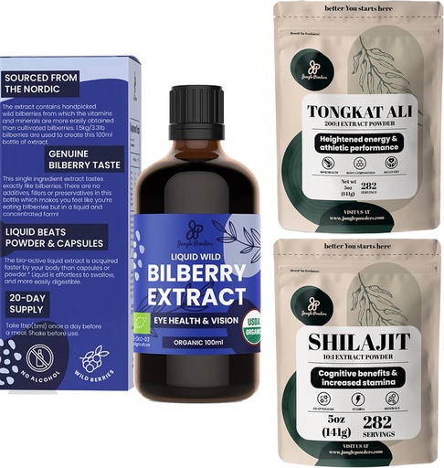 [BRSROBAZAQNAM3TP] Jungle Powders Bilberry Extract for Eyes Organic Bilberry Supplement for Eyes, Shilajit Powder Raw Shilajit for Men 5 Ounce Bag, Tongkat Ali for Men Powder 282 Servings Tonkat-Ali Longjack Root