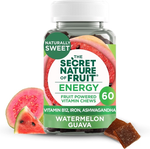 [BRSRM23QOUIWYADV] The Secret Nature of Fruit Energy Chews, Real Fruit Powered Vitamin Chews with Vitamin B12, Iron, Ashwagandha, Watermelon & Guava for Long Lasting Energy (60 Count), Pink