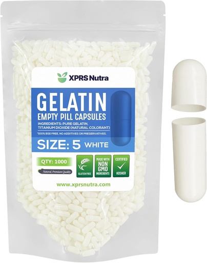 [BRSWYZQCCN6WKEYY] XPRS Nutra Size 5 Empty Capsules - 1000 Count Very Small Empty Gelatin Capsules - Pills DIY Capsule Filling - Fillable Pill Gel Caps for Do-It-Yourself Vitamin Supplements (White)