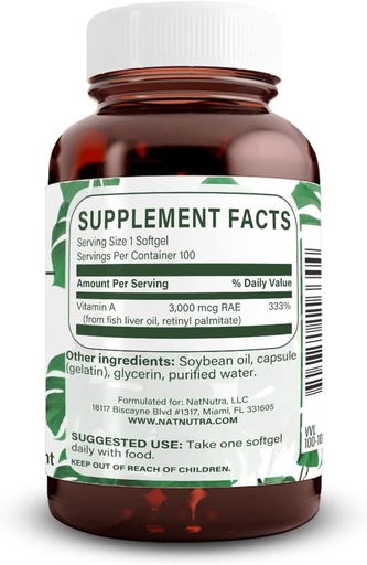 [BRSWYA35AQHGOHI7] Natural Nutra Vitamina A 10.000 UI Softgels – Vitaminas de olho e pele de alta potência – Sem glúten - Suplemento para Visão e Saúde da Pele – Óleo de fígado de peixe para homens e mulheres, sem glúten 100 Softgels (3 Pack)