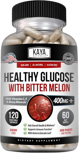 [BRSWYYADOQIQMDTH] Kaya Naturals Veselīgs Gluco ar Bittermelon papildinājums ; Atbalsts Veselīgs līmenis un funkcija, 20 Herbs Vitamīni un minerālvielas, Alpha Lipoic Acide, Cinnamon, vitamīns C & E, Non-GMO (120 Skaits)