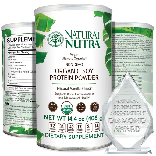 [BRSWIBQADJ7RG23M] Natural Nutra Organic Vegan Plant Based Soy Protein Source Powder, Support Midlife Transition, Supports Bone and Improves Cardiovascular Health, Gluten Free, Non GMO, Sugar-Free 14.4 OZ.