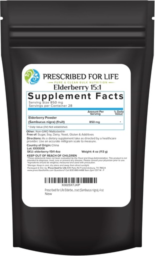 [BRSWYZATOYIAMFIV] Prescribed For Life Elderberry Powder, Powdered Elderberry for Adults, High Vitamin C Content, Full of Dietary Fiber & Antioxidants, Vegan, Gluten Free, Non GMO (4oz / 113g)