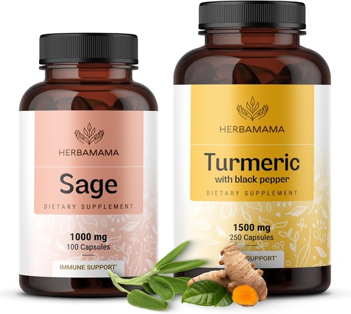 [BRSRAGAYCJ4B4AI3] HERBAMAMA Sage ve Turmeric Kit - 1000 mg Sage Leaf & Turmeric Curcumin Capsules - Vegan, Non-GMO, Gelatin-Free - 2 Pack
