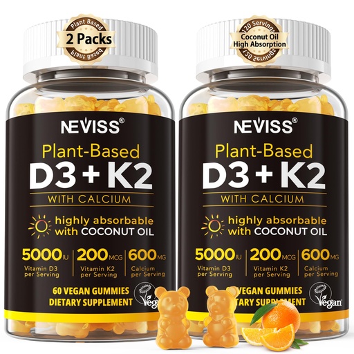 [BRSRMHD4CF6R63D5] Vitamin D3 5000iu & K2( as MK7 ) 200mcg Gummies + 600mg Calcium, with Coconut Oil for High Absorption, Maximum Strength Vitamin D3 K2 Supplement - Support for Bones Muscle Teeth Immune, Vegan 2Packs
