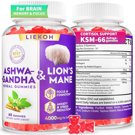 [BRSRAGQDDMPRAHQ6] Ashwagandha Gummies - Organic Ashwagandha & Lions Mane Gummies for Adults with 4 Adaptogenic Herb for Stress, Cognitive & Immuno Support