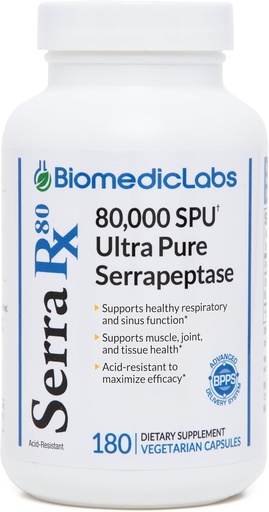 [BRSWIGAQBIMQYHL6] Serra-RX 80.000 SU Serrapeptase - Enzimă sistemică proteinolitică acidă-rezistantă, non-GMO, gluten gratuit, Vegan, sprijină Sinus & Lung Health, 180 Veg capsule