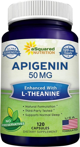[BRSW2ALROYHQYE3P] aSquared Nutrition Apigenin 50mg & L-Theanine 200mg - 120 Capsules - Apigenin Supplement Pills for Sleep and Relaxation - Natural Bioflavonoid Extract Found in Chamomile Tea