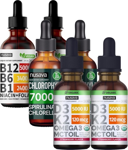 [BRSROAQ2OEFQIDL6] NUSAVA Strawberry Flavored D3 K2, Chlorophyll, & Vitamin B12 Liquid Drops Bundle - Potent Liquid Vitamins for Heart, Energy, Brain & Immune Support - Non-GMO, Gluten-Free, 2pk Each